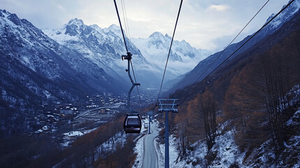 Cable car ascends through snowy mountain valley