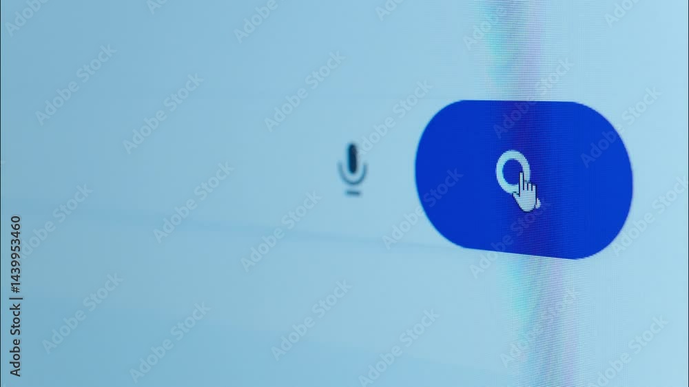 Poster finger repeatedly clicking blue search button with microphone icon, showcasing digital interaction a
