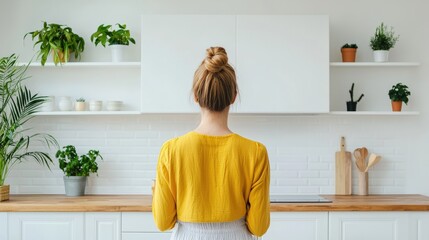 Woman wearing yellow shirt contemplating modern minimalist kitchen with houseplants