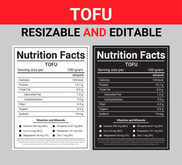 Tofu nutritional value, Editable and resizable templates of nutrition facts, supplement facts and vitamin facts.