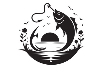fishing hook logo silhouette vector, fishing hook logo icon silhouette, a silhouette vector simple fishing hook logo, fishing hook logo icon on black and white vector silhouette on white background 