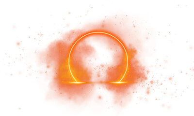 A luminous golden-orange circle emits light and mist, with sparkles against a transparent background.