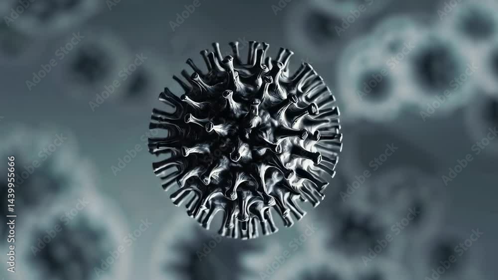 Aufkleber Metallic virus floating in the foreground, showing spikes and other viruses blurred in the background, creating a scientific and medical concept