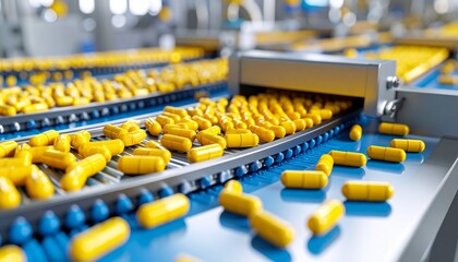 Capsules on Conveyor at Modern Pharmaceutical Factory. 