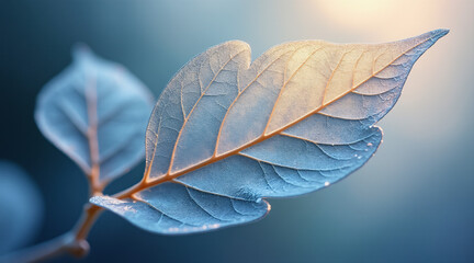 Delicate Frosted Leaf in Morning Light with Soft Blue and Warm Tones