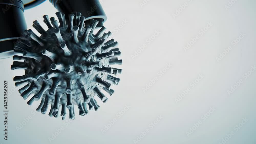 Poster detailed microscopic visualization showing syringe injecting viral particle against white background