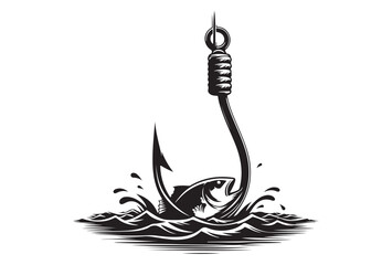 fishing hook logo silhouette vector, fishing hook logo icon silhouette, a silhouette vector simple fishing hook logo, fishing hook logo icon on black and white vector silhouette on white background 