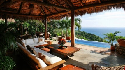Obraz premium Open-air resort lobby with views of the ocean and natural wood furnishings