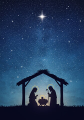 Fototapeta premium Silhouette Nativity Scene under a Dark Starry Night Sky