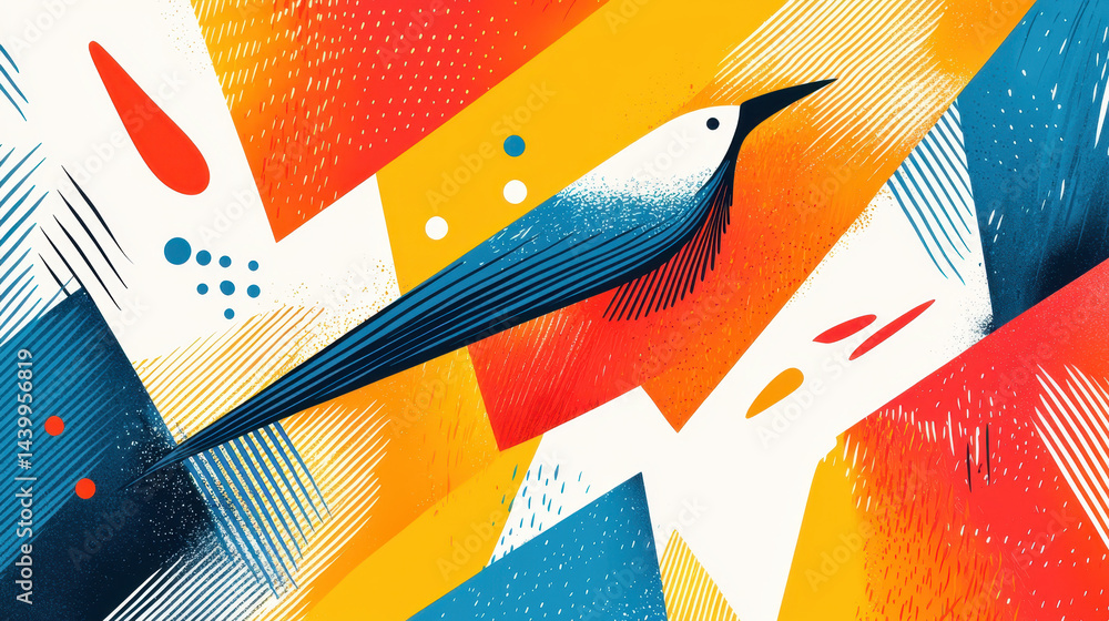 Aufkleber an illustration of stylized feather flight with vivid colors and abstract shapes creates dynamic ene