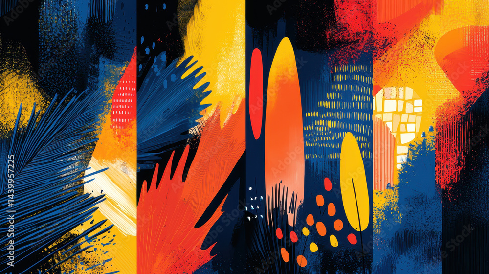 Poster an abstract composition showcasing feathered art illustrations with copy space in the middle and a v