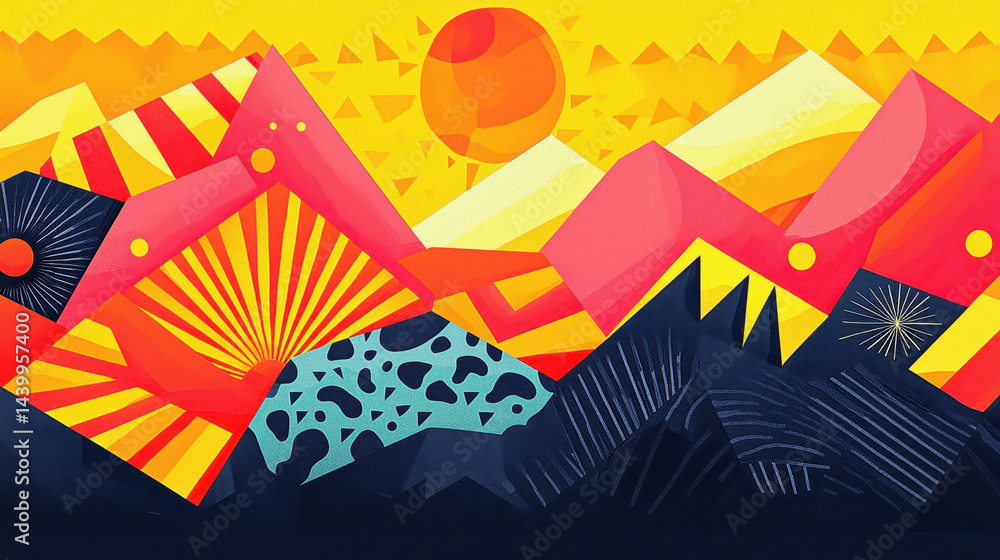 Poster an eye-catching illustration displaying geometric mountain range patterns with vibrant colors and co