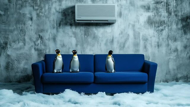 Cozy blue couch set against a textured gray wall with air conditioner, while icy snow carpets the floor. A pair of penguins peer up, bringing a surreal arctic vibe to the living ro