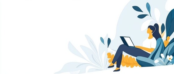 Faceless woman working on laptop surrounded by stylized foliage Concept of remote work, digital nomad lifestyle, and natureinspired productivity