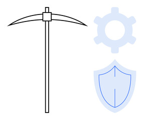 Minimalist pickaxe, shield, and gear illustrating mining, protection, and technology. Ideal for safety, industry, resilience durability mechanics labor. Flat simple metaphor