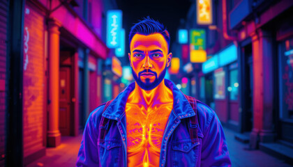 A stylized portrait of a man, his torso glowing with thermal energy, stands on a neon-lit city street at night. The image is vibrant and surreal.