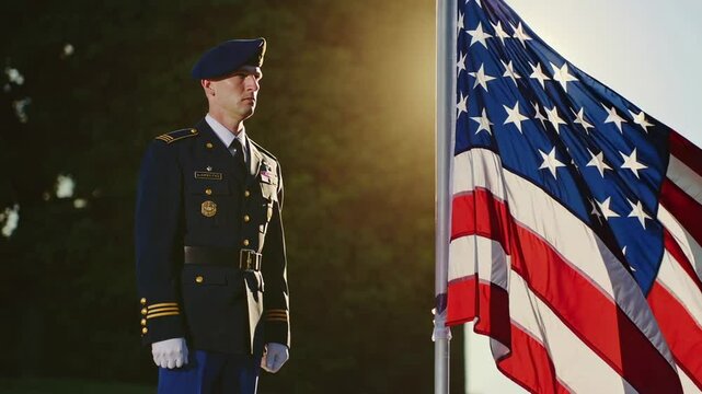Dedicated military service member wearing uniform standing near proudly waving american flag, embodying national pride and honoring veterans during memorial and independence day commemorations