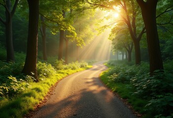 scenic gravel path winding through sunlit forest lush greenery illuminated golden light natural beauty, trees, nature, pathway, trail, landscape, foliage