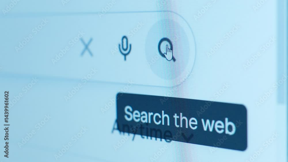Poster close up animation of a finger clicking a search icon on a search engine website, with options for v