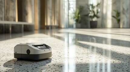 Futuristic Robot Vacuum Cleaner on Modern Floor in Sunlit Office