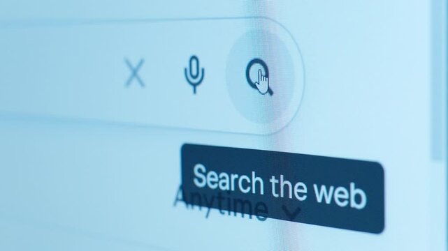 Close up animation of a finger clicking a search icon on a search engine website, with options for voice search, clearing the search bar, and filtering results by time