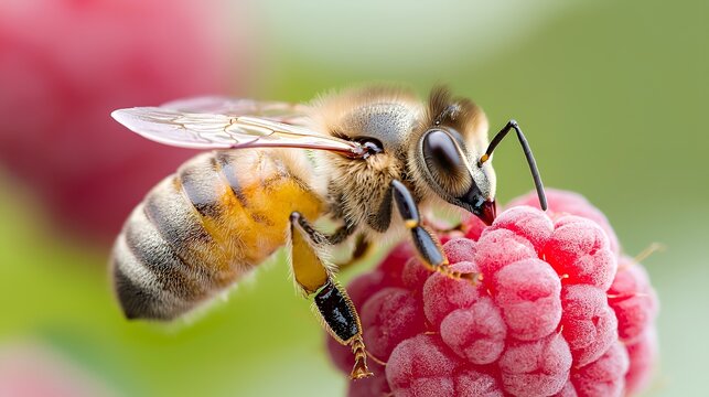 Bee Gathering Nectar on a Ripe Red Raspberry Fruit in Nature