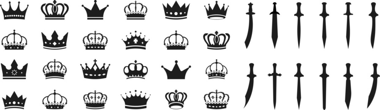 Crown silhouette collection, royal luxury crown set. Swords in flat style. Ancient and medieval swords