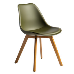 Olive green modern plastic chair with wooden legs, combining simplicity and style for contemporary interiors
