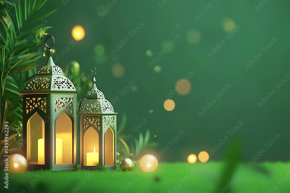 Aufkleber elegant lanterns with glowing candles surrounded by greenery and soft bokeh lights