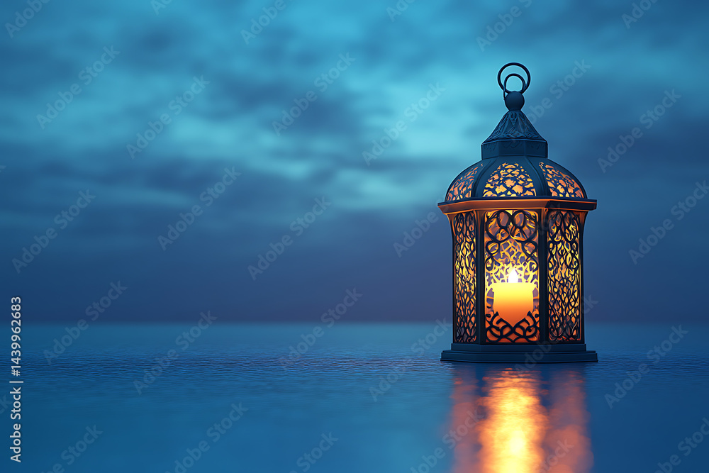 Poster illuminated lantern casting reflections on serene water under a twilight sky, creating a tranquil at