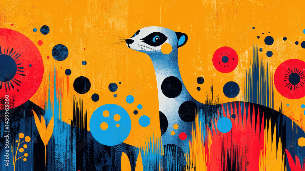 Poster a charming meerkat illustration gazes into the distance surrounded by vibrant colorful abstract elem