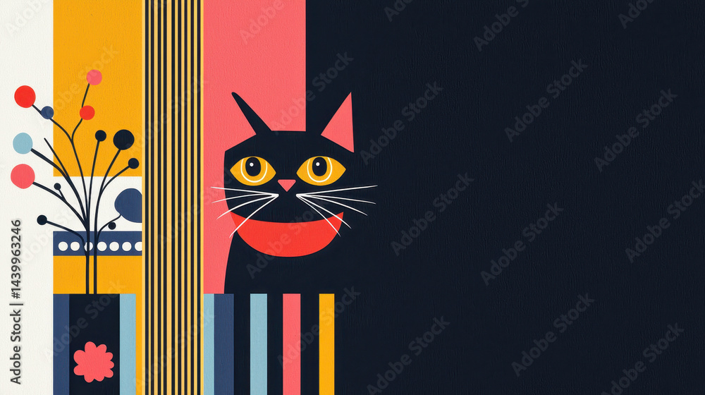 Poster an illustration showing a black cat du playtime near colorful decorative shapes with copy space in t