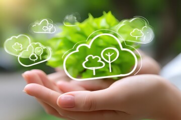 Celebrating International Day of Forests with Hands Holding Lush Green Plant Surrounded by Tree Cloud Symbols
