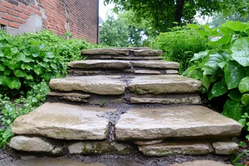 Rustic Stone Steps Ascent Amidst Greenery and Brick Building Under Natural Light