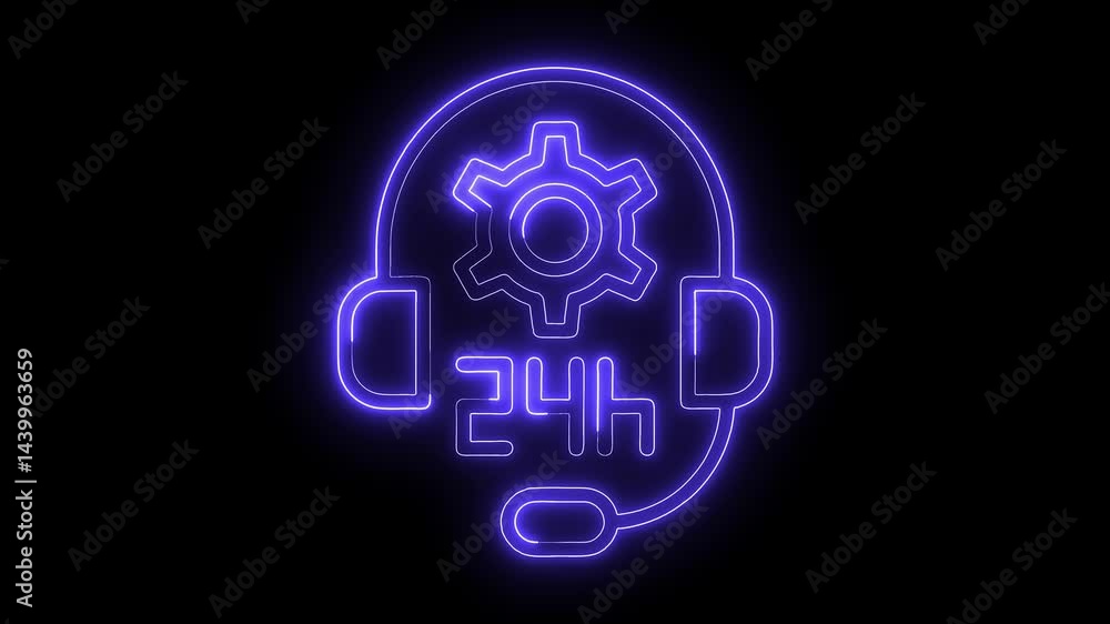 Poster 24 hour support neon sign animation loop on black background customer service with headset and gear 