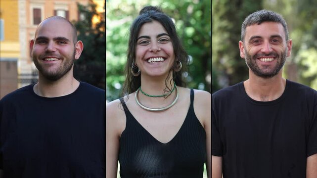 Multiscreen showing two young men and one young woman smiling during a surprise party for a friend's promotion.