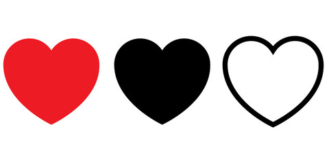 Set of hearts in red, black and stroke with white background, heart icon set. set of 3 hearts. heart collection. vector symbols, icon.	