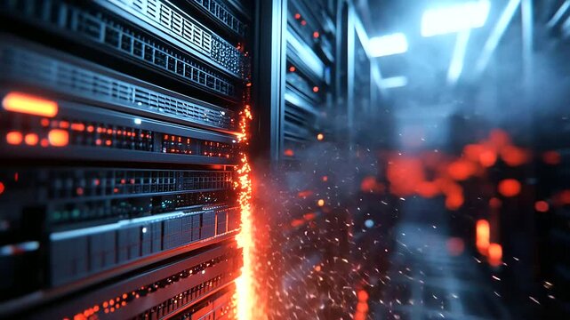 A server rack burning fiercely in a data center, with flames and smoke consuming the hardware. The disaster could lead to irreparable damage to the infrastructure, highlighting the