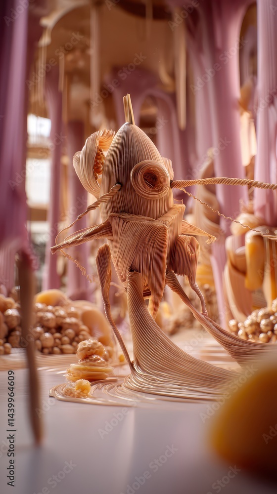 Poster surreal representation of a fish formed from thin pasta in a colorful dreamlike environment