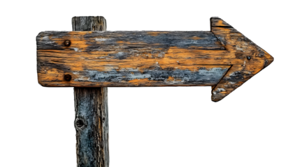 A weathered wooden signpost with an arrow pointing right, suggesting direction or guidance.