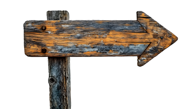 A weathered wooden signpost with an arrow pointing right, suggesting direction or guidance.