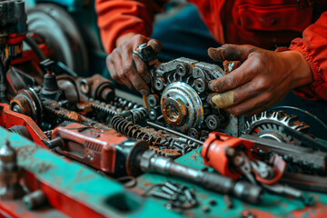 Mechanic's Hands Working on Disassembled Engine Surrounded by Tools on Colorful Workbench

