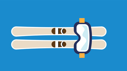Stylized illustration of water skis or snow skis with bindings on a bright blue background. Top down view of beige skis with brown bindings and navy blue boot holder with orange accents.