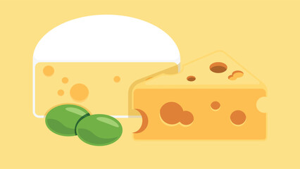 Stylized illustration of different types of cheese with green olives on a yellow background. Features white and yellow cheese wedges with holes and two glossy green olives.