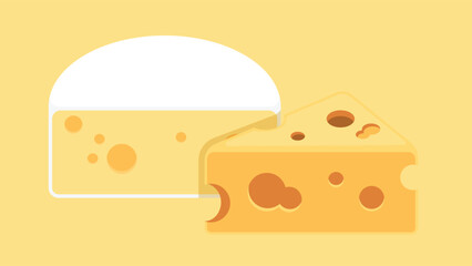 Stylized illustration of cheese varieties on a yellow background. Features white and yellow cheese wedges with holes of different sizes, showing Swiss and cheddar like textures.