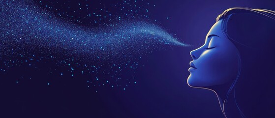Obraz premium Serene woman with closed eyes exhaling stardust, concept of inner peace, meditation, and cosmic energy in a dreamy, dark blue atmosphere