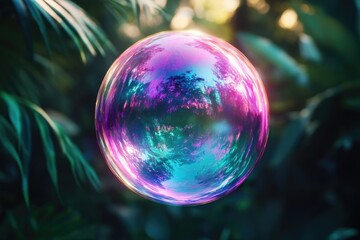 A vibrant iridescent bubble reflects a lush, green tropical forest, creating a surreal and captivating image.