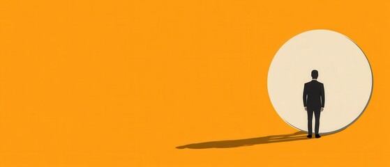 Businessman in Suit Standing Before a Portal on Orange Background Concept of Opportunity, Future, and Career