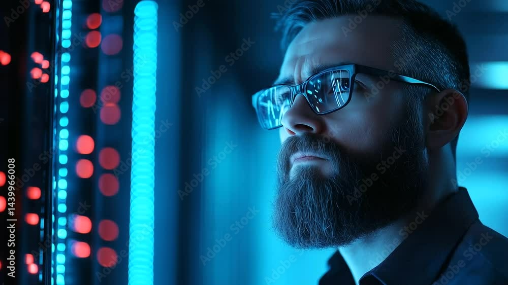 Poster bearded systems admin stands in front of server tower, analyzing cable layouts with concentration. a