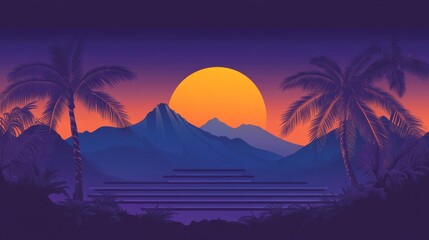 Tropical sunset mountains, palm trees, platform, banner background